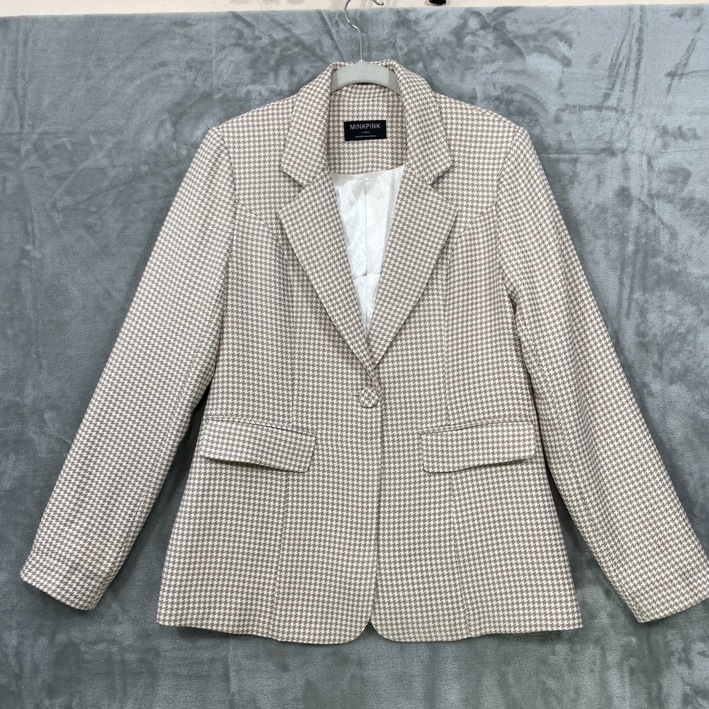 MINKPINK  Houndstooth Blazer Women's XS Oversize Tan One Button Lined Preppy‎